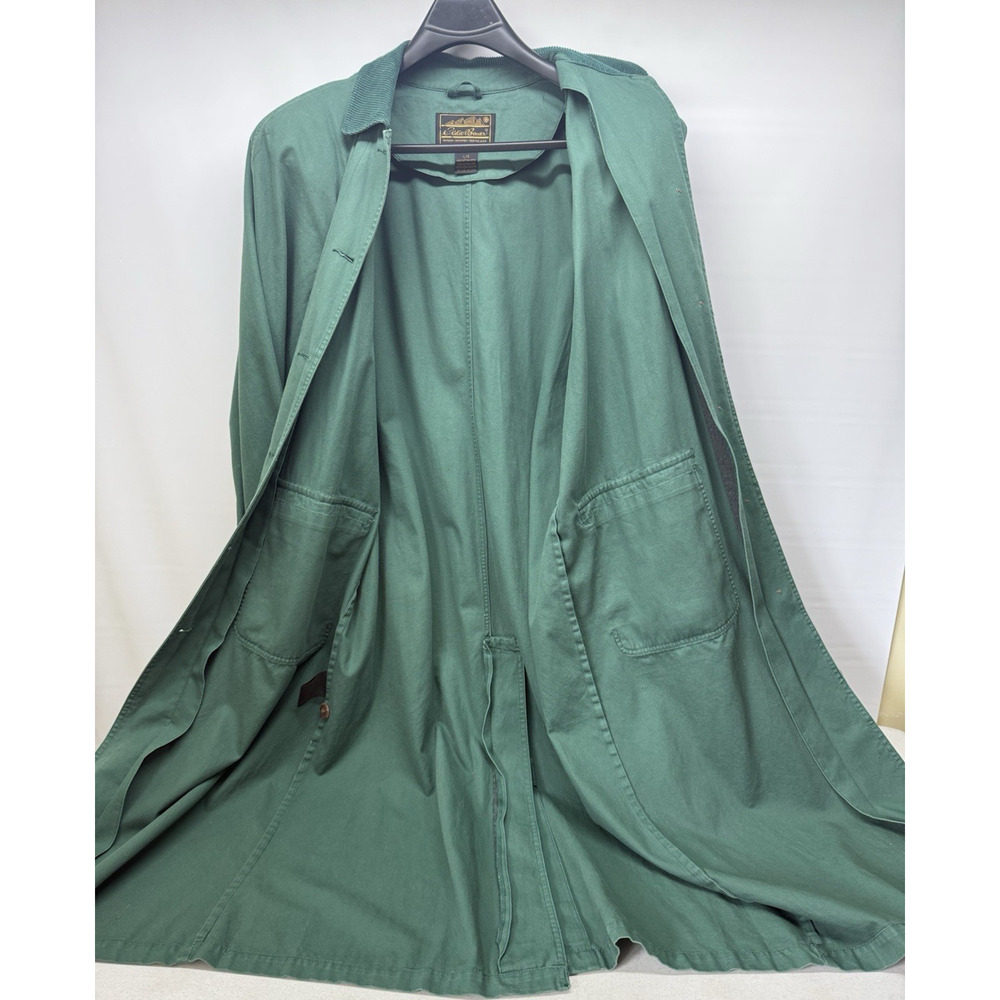 Eddie Bauer Canvas Utility Trench Coat Duster Corduroy Trim Green Womens Large - Picture 4 of 10